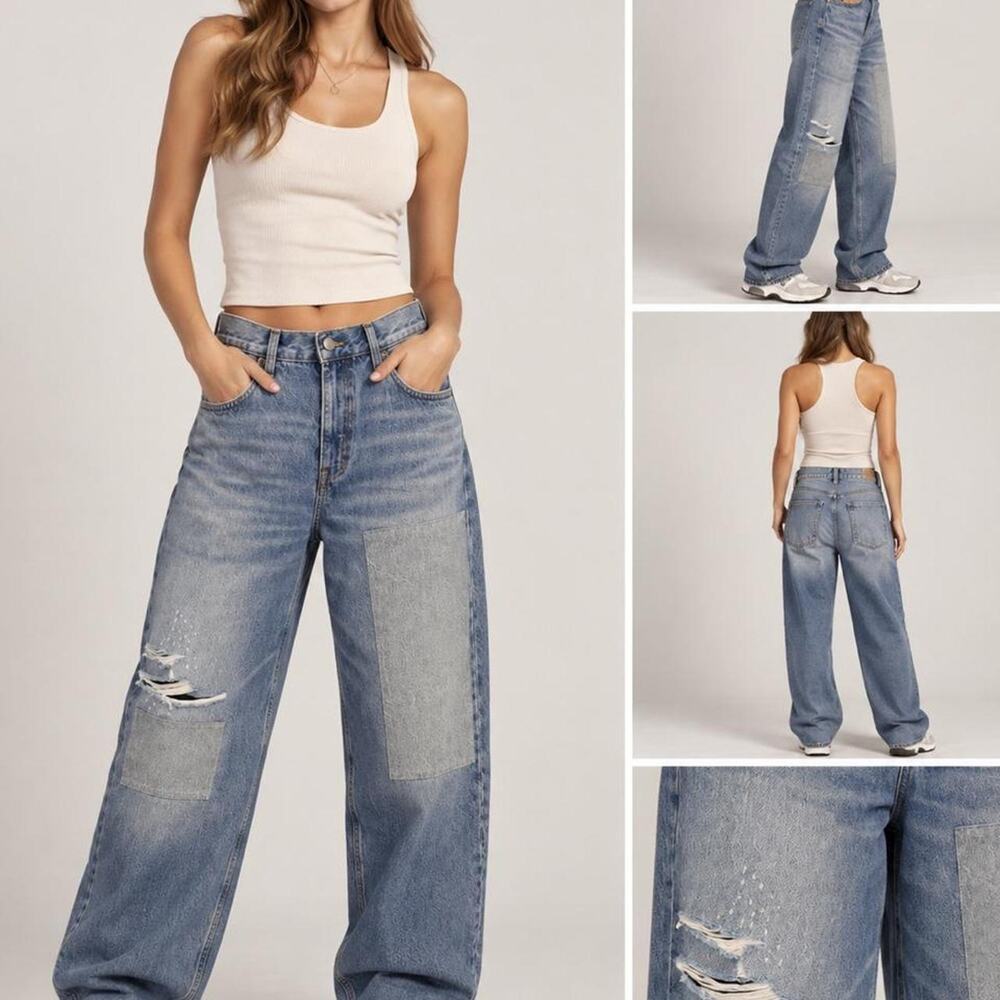 Patchwork distressed wide leg jeans trendy